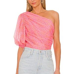 AMANDA UPRICHARD ONE SHOULDER PINK BUBBLE BLOUSE SMALL